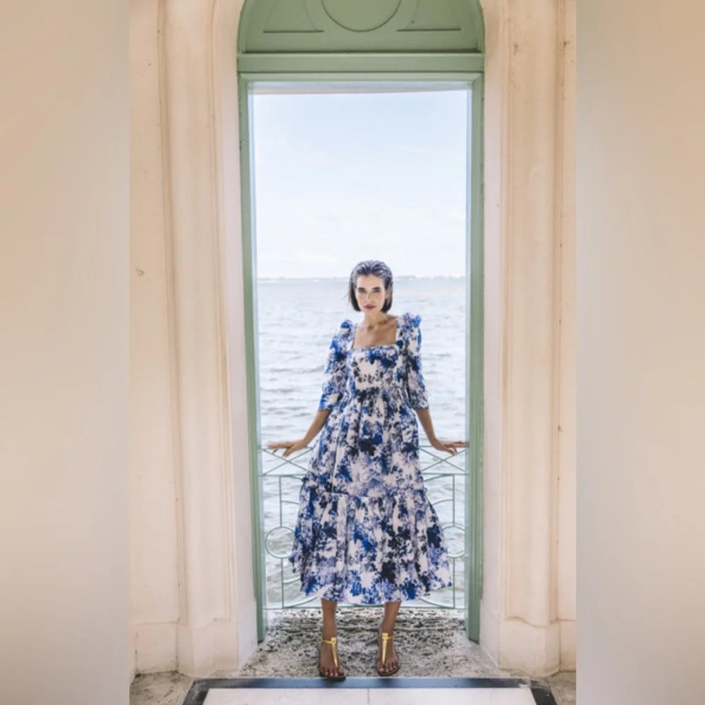 Cara Cara Blue Hill square neck midi dress in shade Nordic Fields Blue - Picture 4 of 9